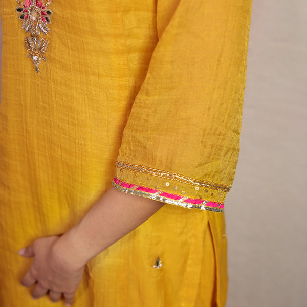 Yellow tissue chanderi hand embroidered V-neck  kurta set