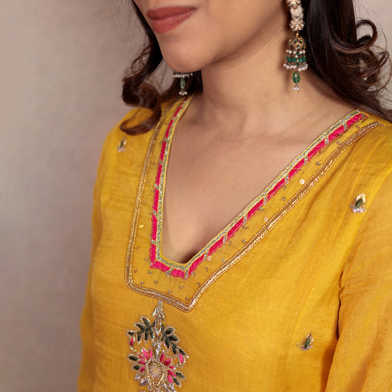 Yellow tissue chanderi hand embroidered V-neck  kurta set