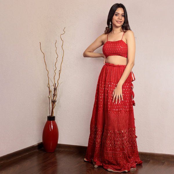 Red embroidered lehenga with organza dupatta