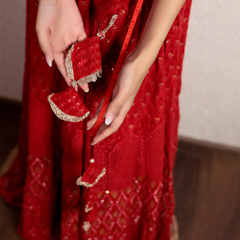 Red embroidered lehenga with organza dupatta