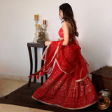 Red embroidered lehenga with organza dupatta