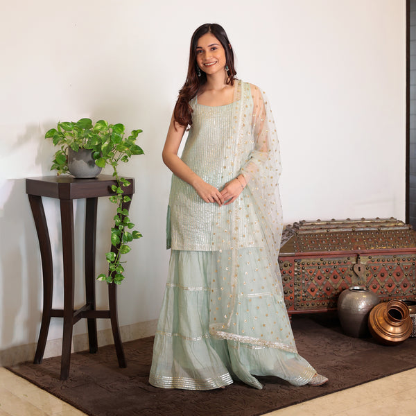 Aqua green tissue sharara set