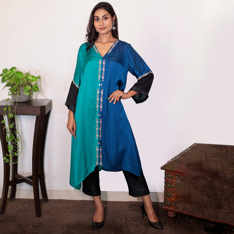 Half & half Modal silk asymmetric kurta set with dori work embroidery