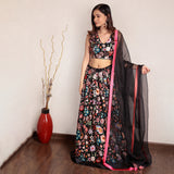 Black floral embroidered V-neck lehenga with organza dupatta