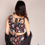 Black floral embroidered V-neck lehenga with organza dupatta