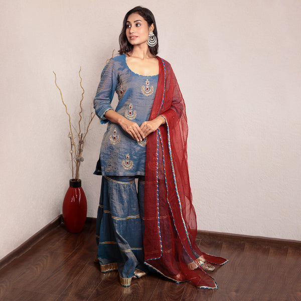 Indigo blue hand embroidered tissue sharara set