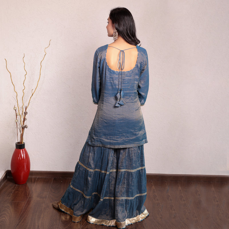 Indigo blue hand embroidered tissue sharara set