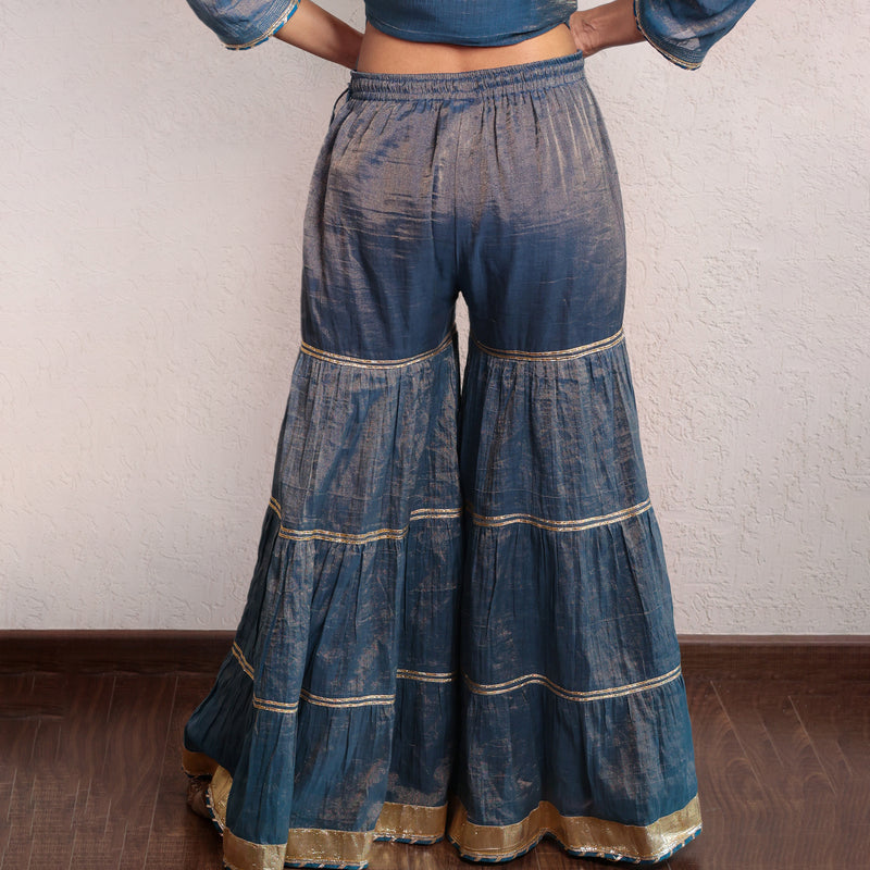 Indigo blue hand embroidered tissue sharara set