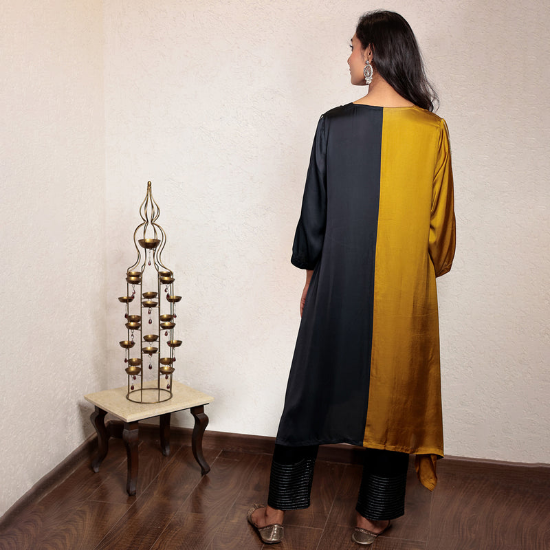 Half & half Modal silk asymmetric kurta set with hand embroidery