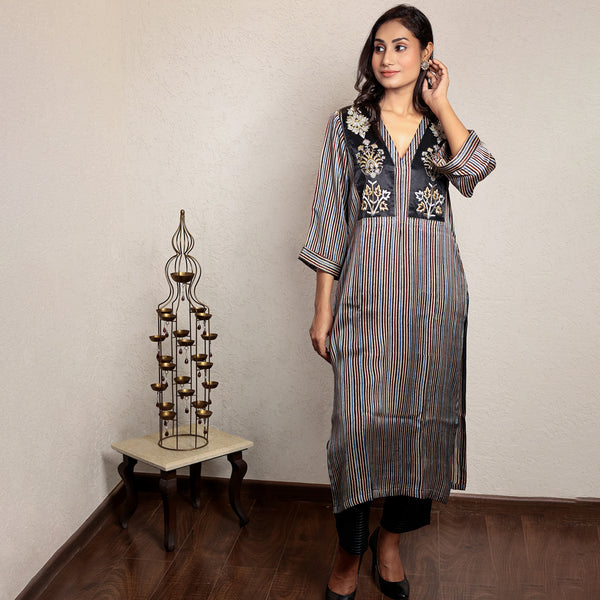 Multicolored hand embroidered striped modal silk kurta