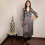 Multicolored hand embroidered striped modal silk kurta set