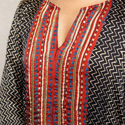 Black hand embroidered zig zag modal silk kurta set