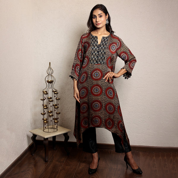 Maroon and Black Ajrakh printed asymmetric kurta