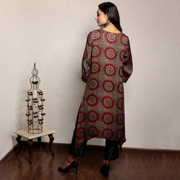 Maroon and Black Ajrakh printed asymmetric kurta