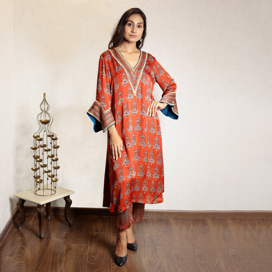 Red ajrakh printed modal silk kurta set with exaggerated sleeves