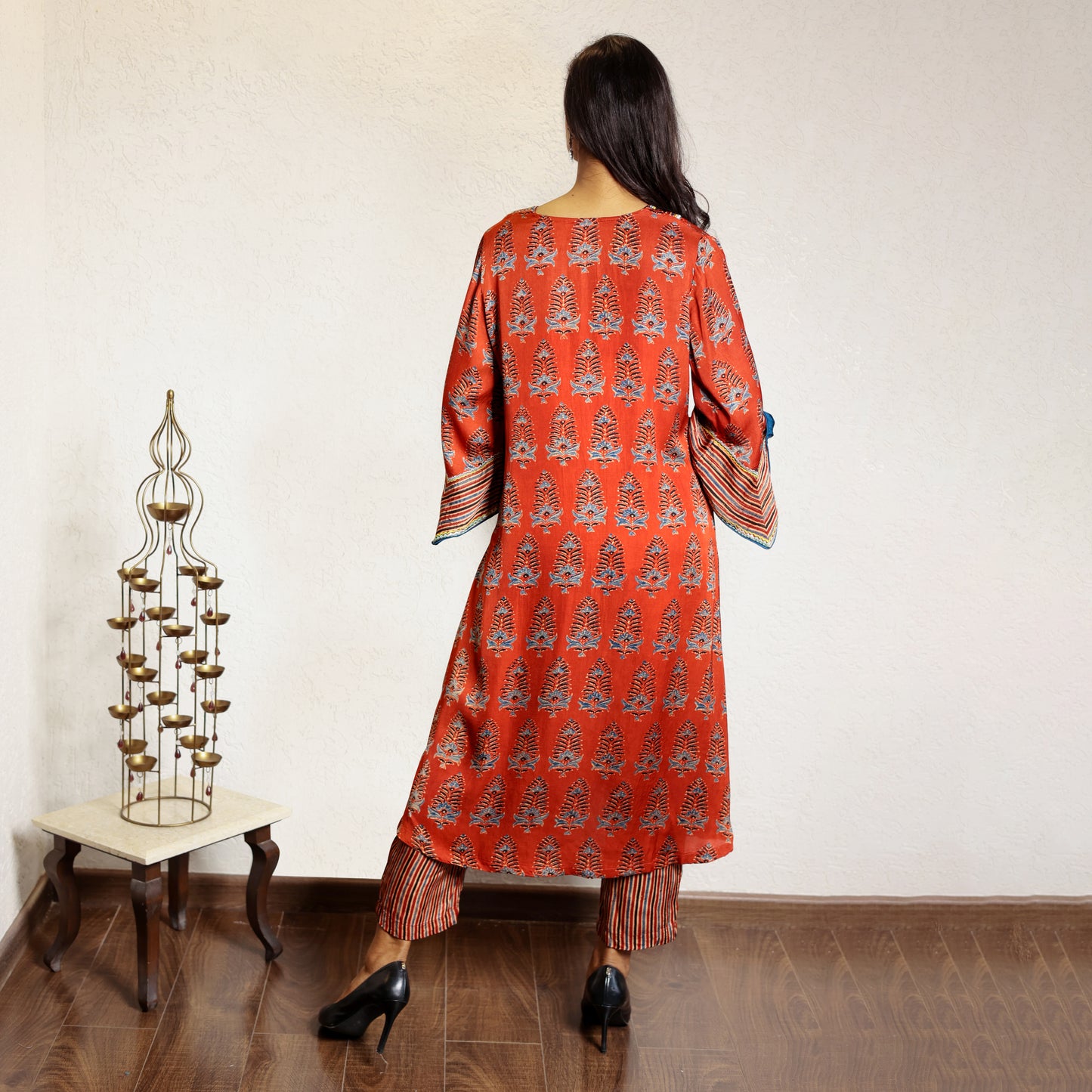 Red ajrakh printed modal silk kurta set with exaggerated sleeves