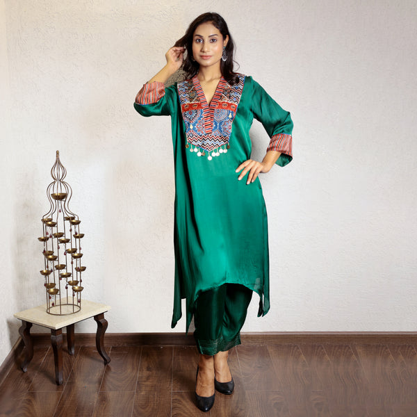 Green asymmetric modal silk kurta set with ajrakh yolk detailing