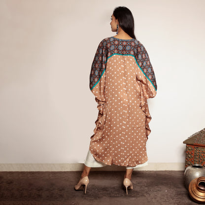Caramel brown bandhani kaftan with thread and dori work detailing