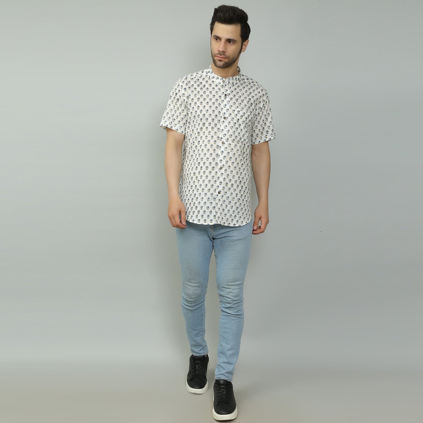 white Cotton printed half sleeves band collar shirt