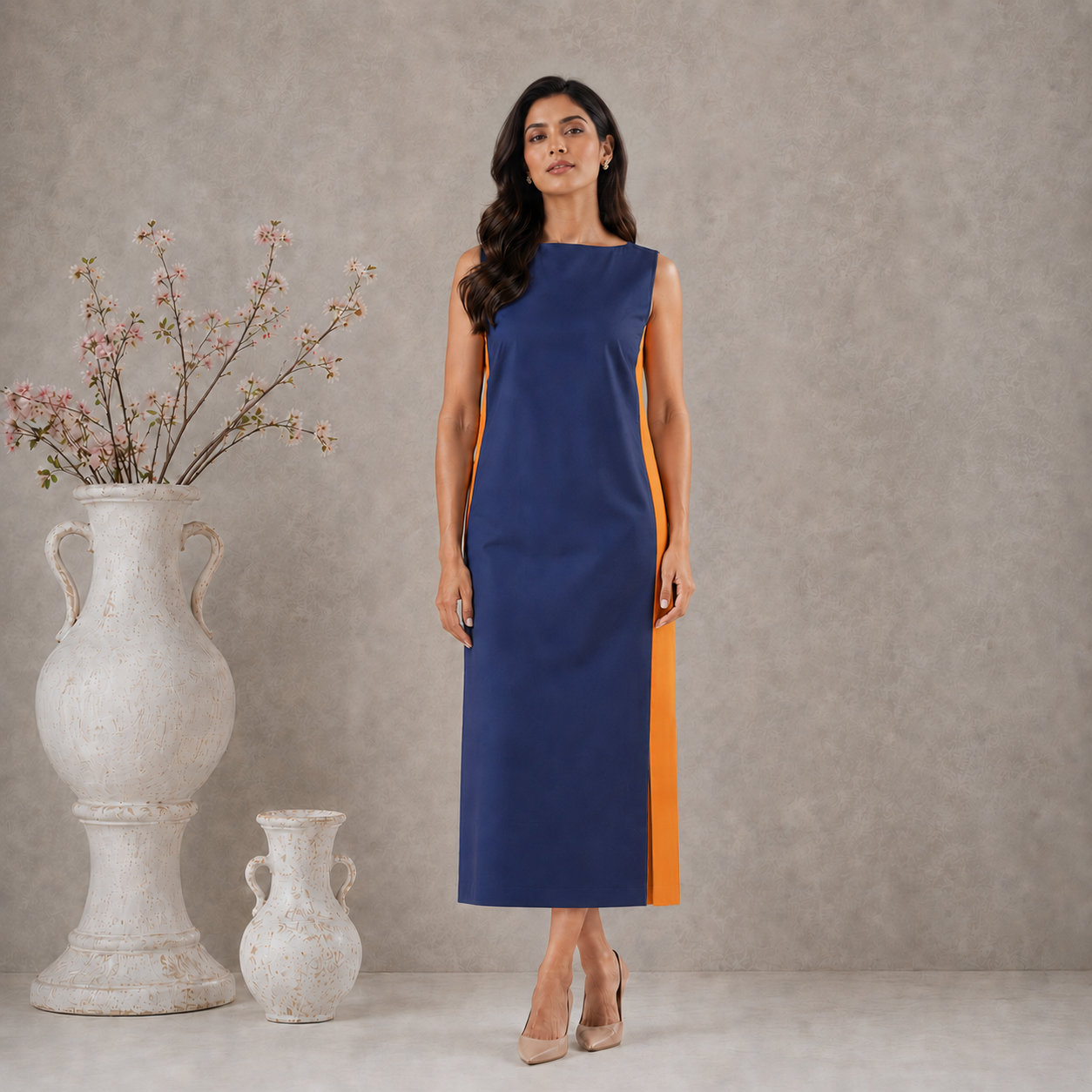 Navy Blue & Orange Colorblock Panel Dress - Spring Soul