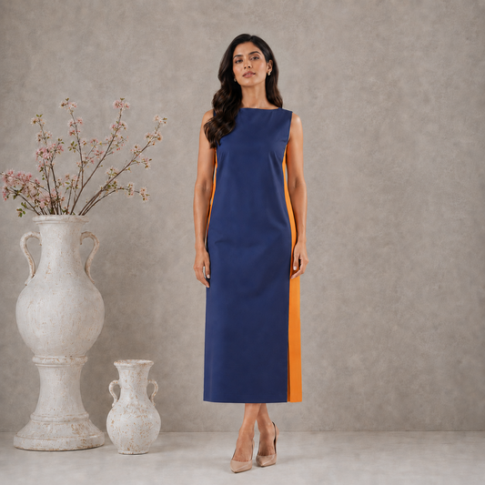 Navy Blue and Orange Colorblocked Panel dress