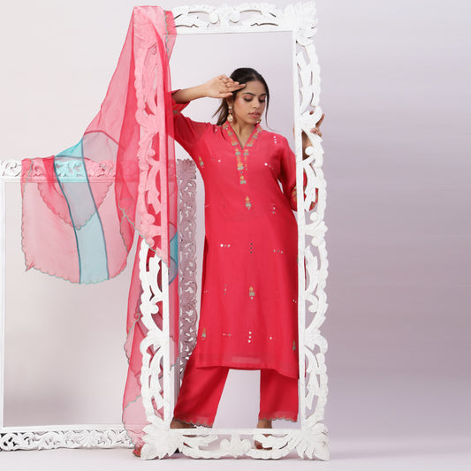 Chanderi embroidered set with organza dupatta