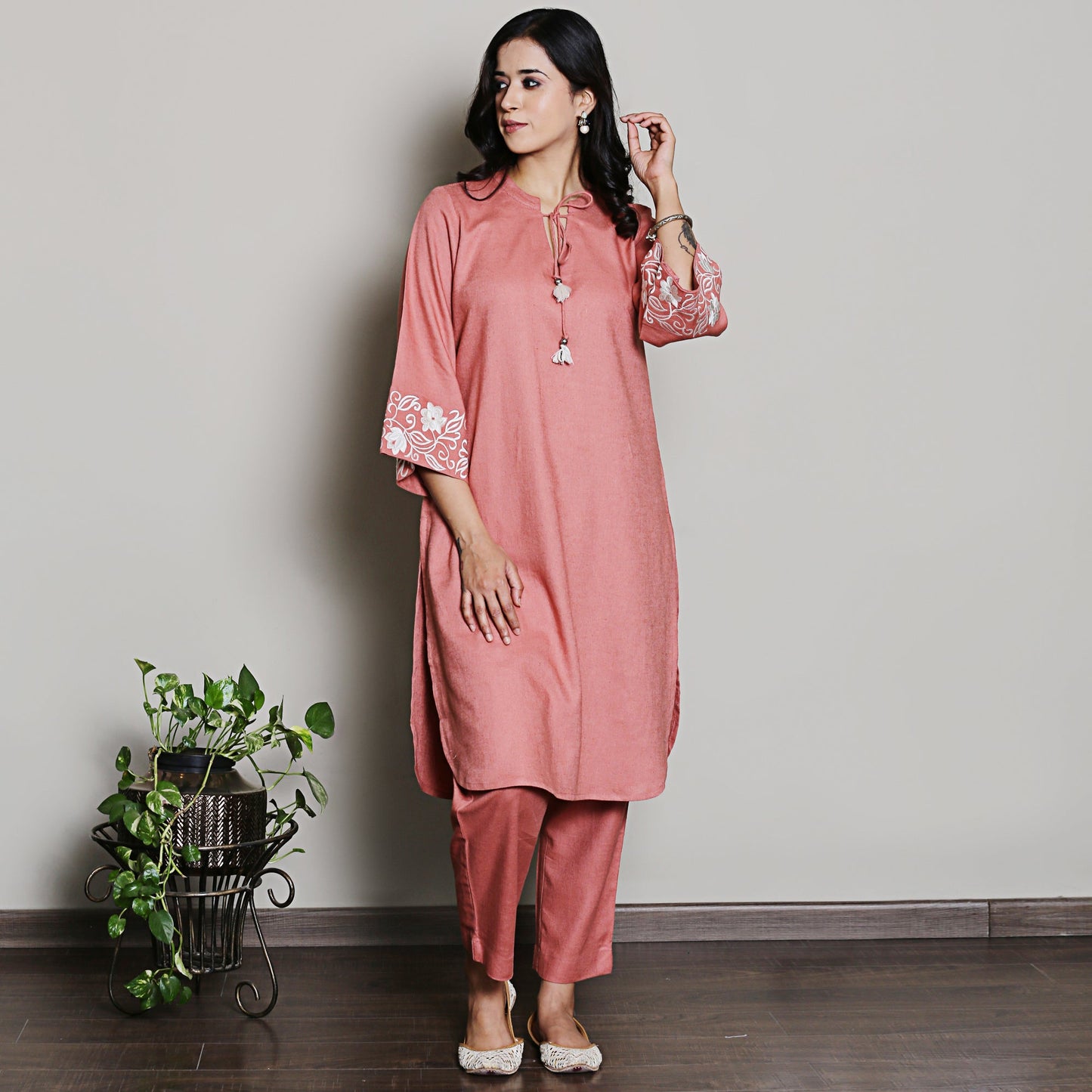 Peach co-ord set with sleeves embroidery