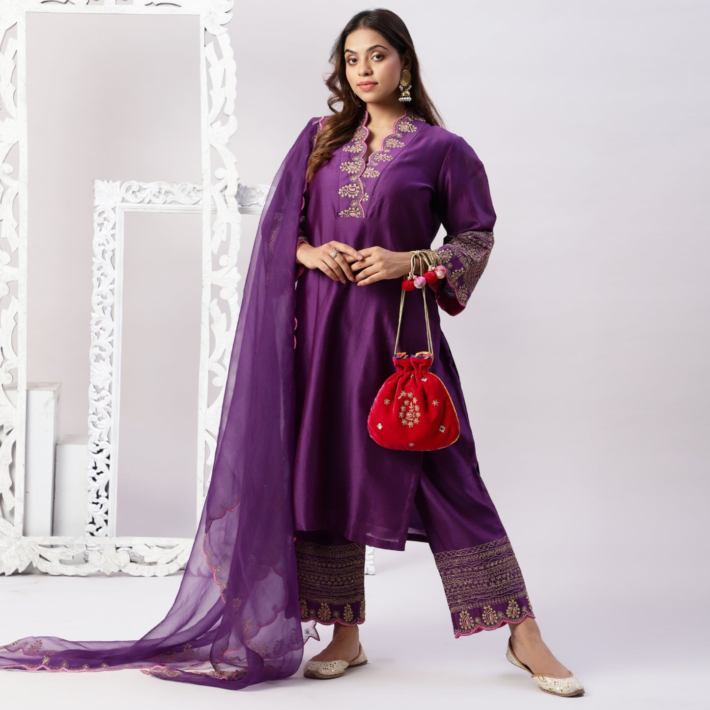 Chanderi embroidered set with organza dupatta