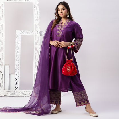 Chanderi embroidered set with organza dupatta