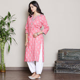 pink printed kurta with neck embroidery