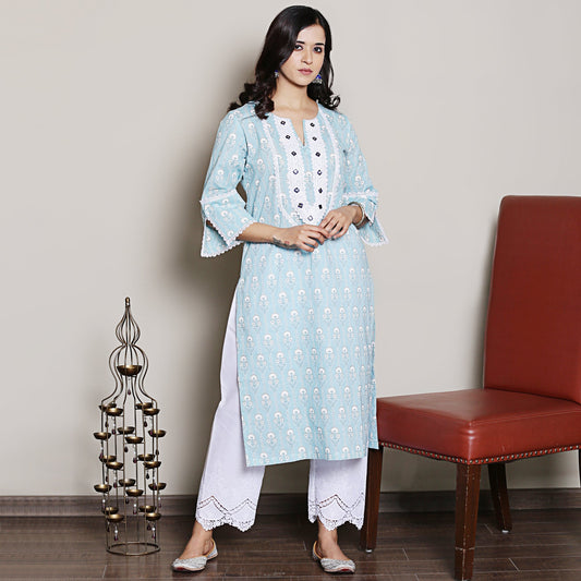 Blue printed kurta with embroidery
