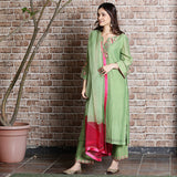 Green chanderi embroidered kurta set with ombre dupatta