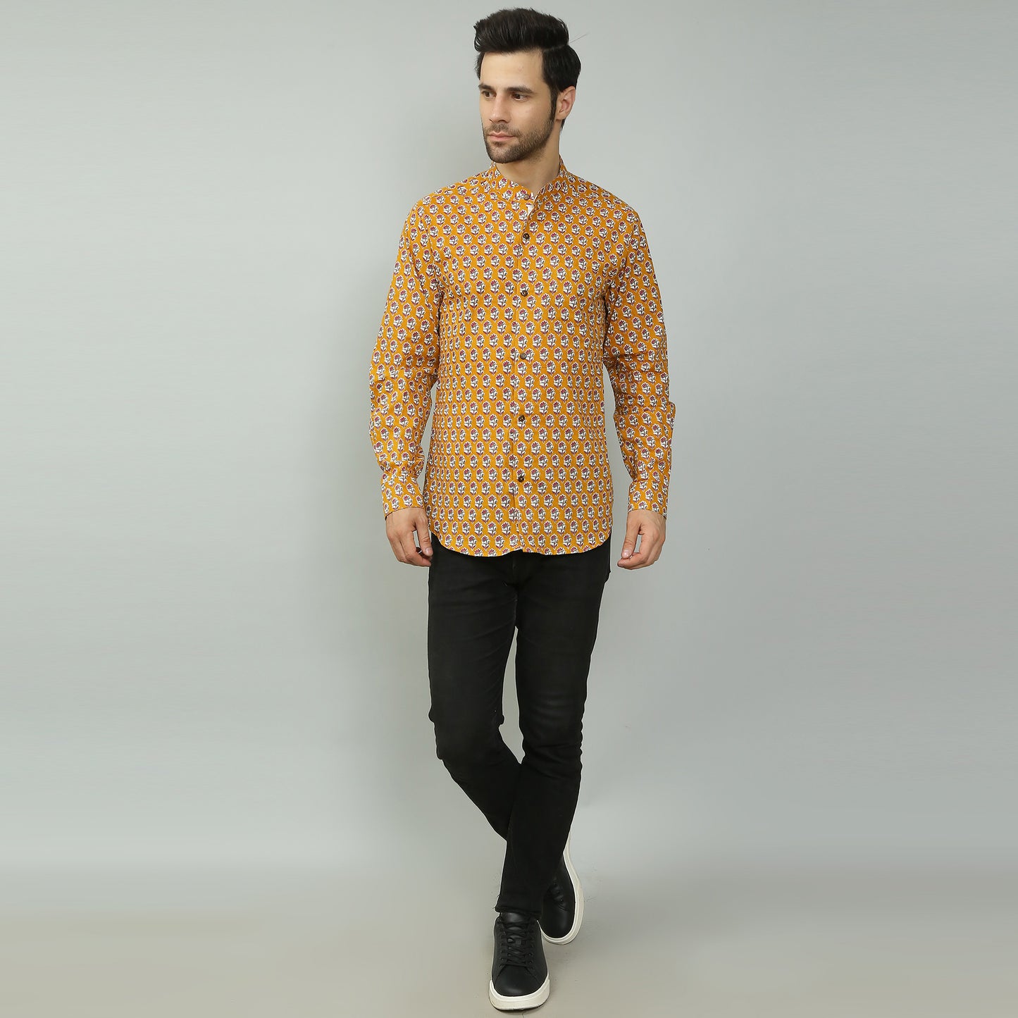 mustard Cotton printed full sleeves band collar shirt