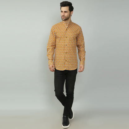 mustard Cotton printed full sleeves band collar shirt