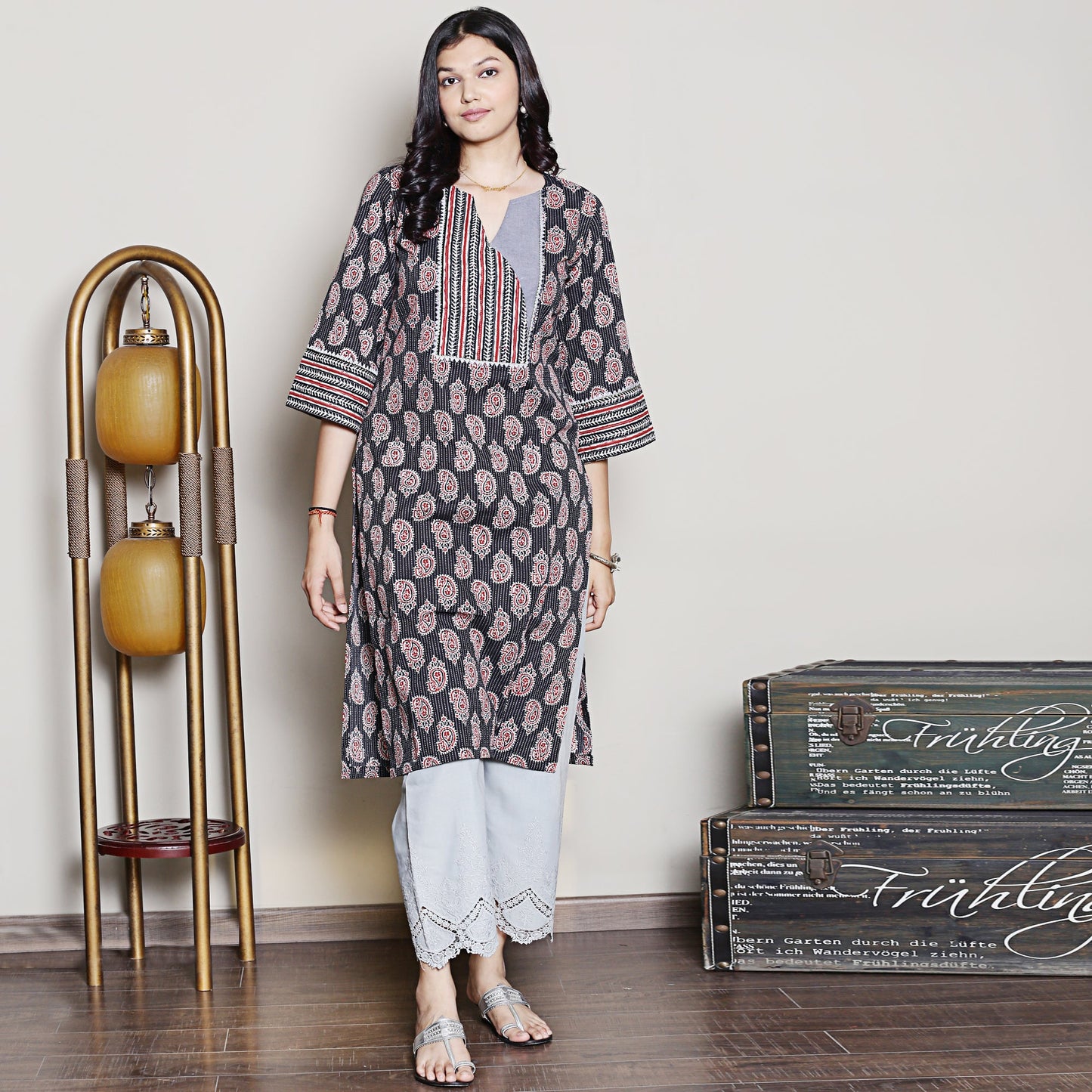 Block printed kurta with yoke