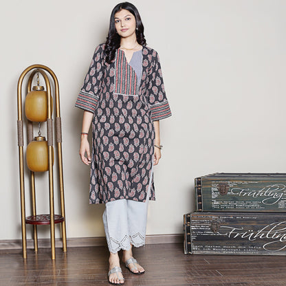 Block printed kurta with yoke