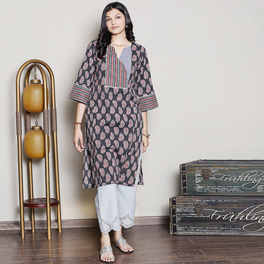 Block printed kurta with yoke