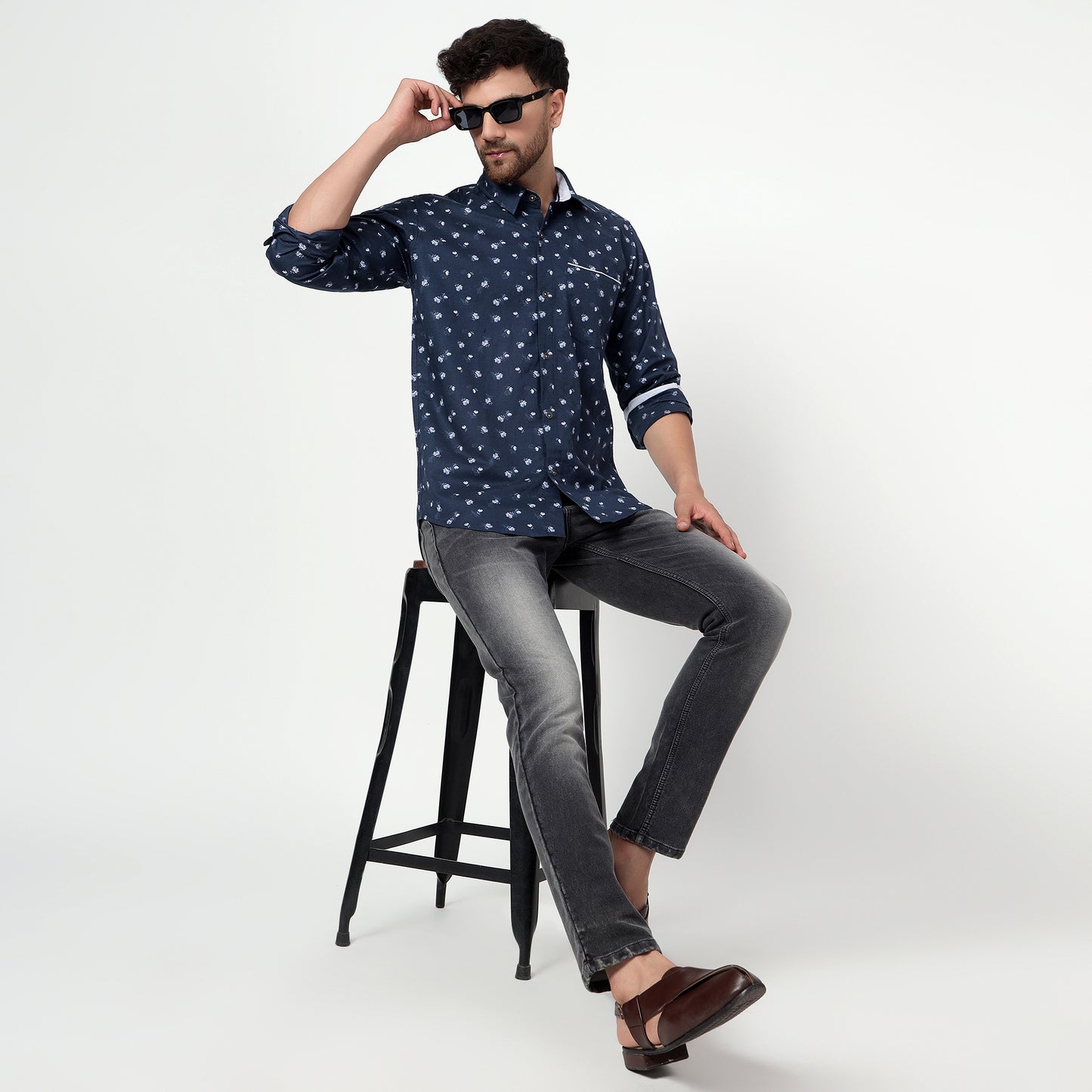 blue Cotton linen printed full sleeves shirt