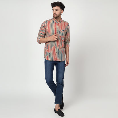beige Cotton printed band collar full sleeves shirt