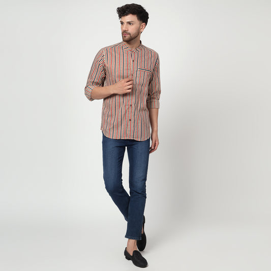 beige Cotton printed band collar full sleeves shirt