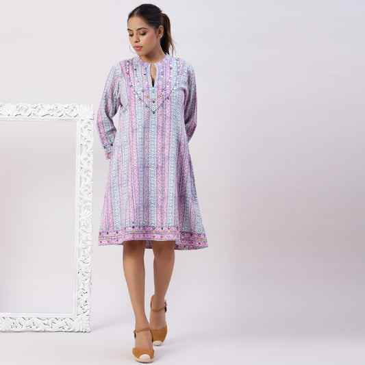 Block printed kantha finish dress with mirrorwork