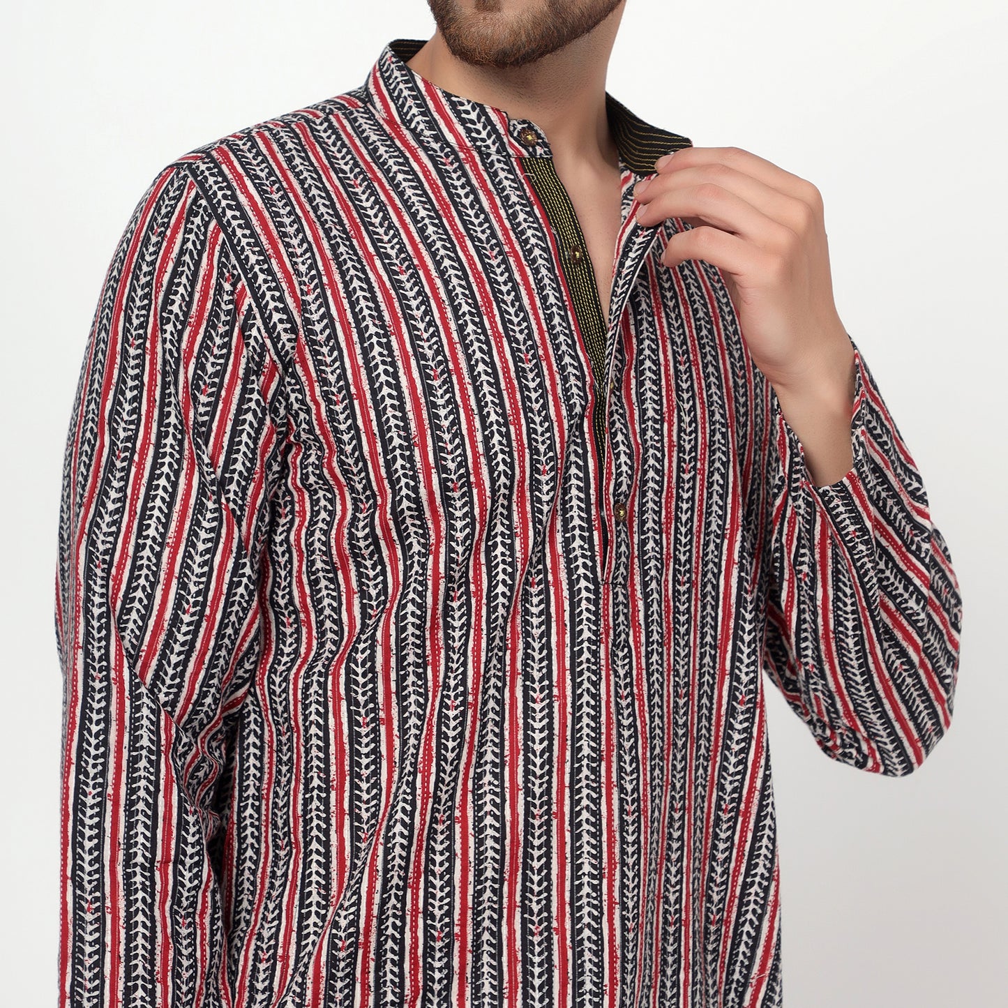 red Men's printed band collar cotton kurta