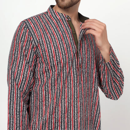 red Men's printed band collar cotton kurta