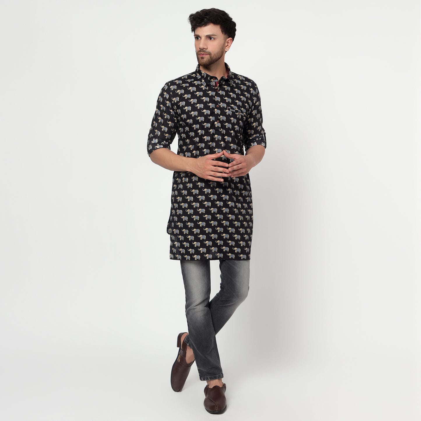 balck Men's block printed shirt collar cotton kurta
