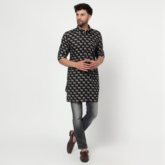 balck Men's block printed shirt collar cotton kurta