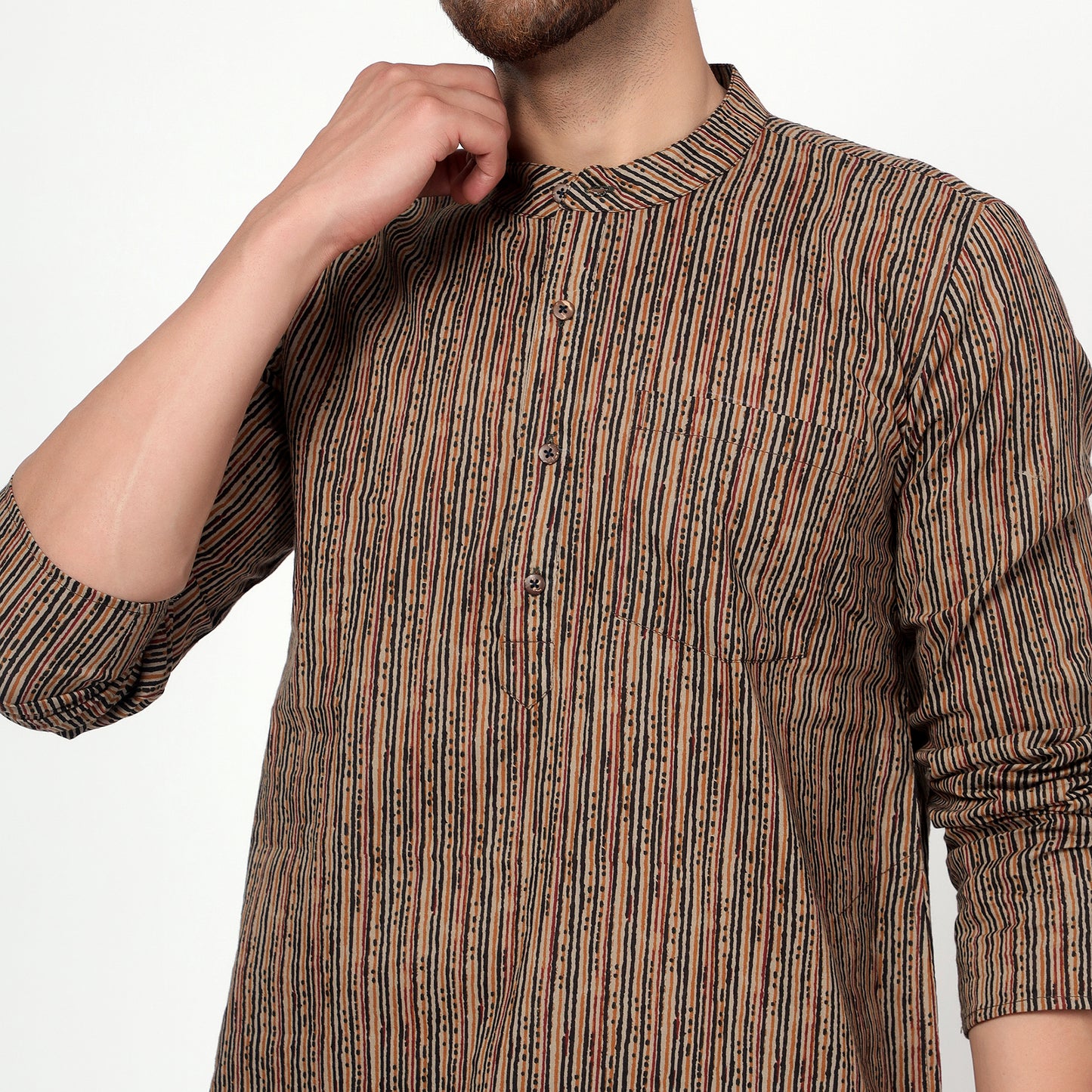 Brown men's textured band collar cotton kurta