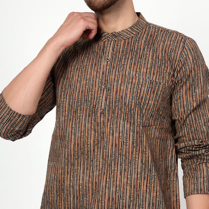Brown men's textured band collar cotton kurta