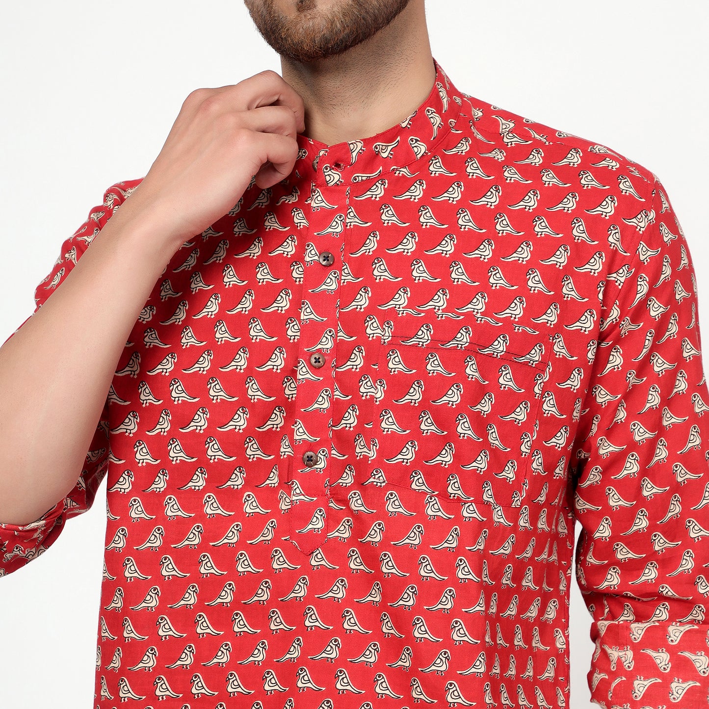 red Cotton printed full sleeves kurta shirt
