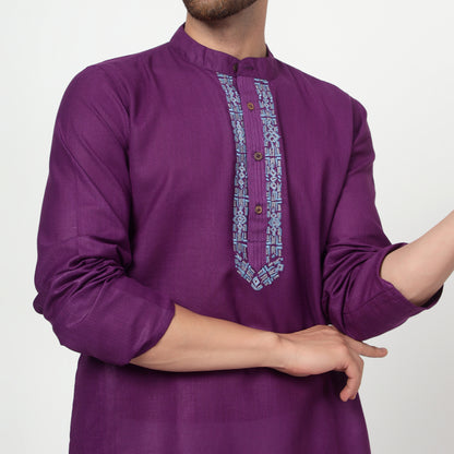 purple Men's band collar cotton silk kurta