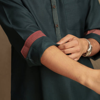 green men's band collar cotton blend kurta